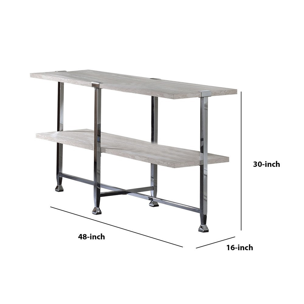 Sofa Table with X Shaped Metal Base and 2 Storage Shelves, Silver and Beige - BM209594