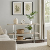 Sofa Table with X Shaped Metal Base and 2 Storage Shelves, Silver and Beige - BM209594