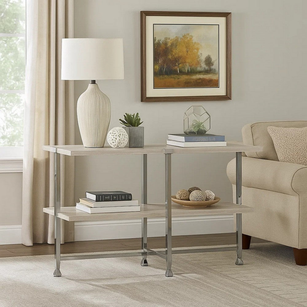 Sofa Table with X Shaped Metal Base and 2 Storage Shelves, Silver and Beige - BM209594
