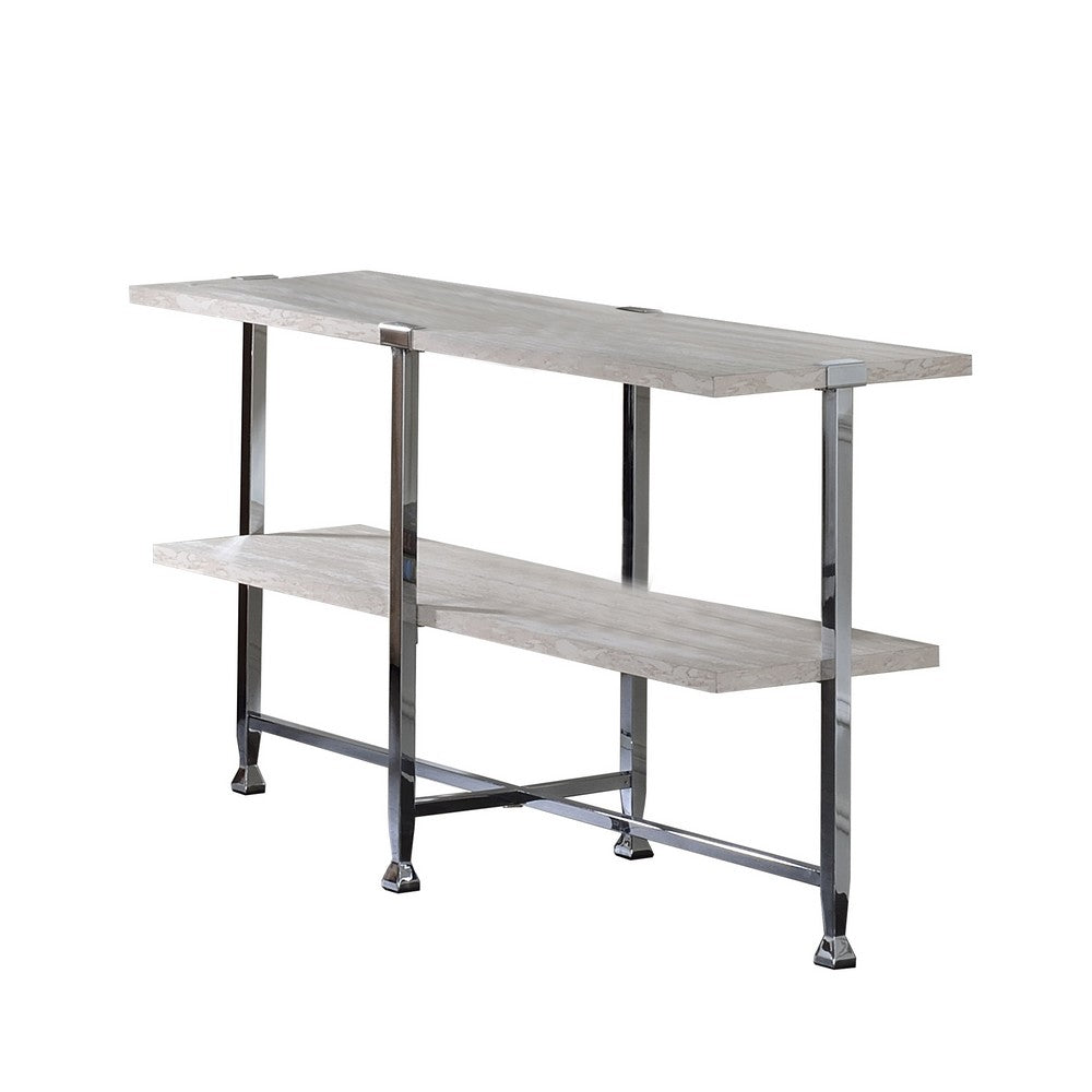 Sofa Table with X Shaped Metal Base and 2 Storage Shelves, Silver and Beige - BM209594