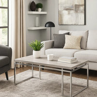 Coffee Table with Rectangular Tabletop and Metal Legs, Silver and Brown - BM209595