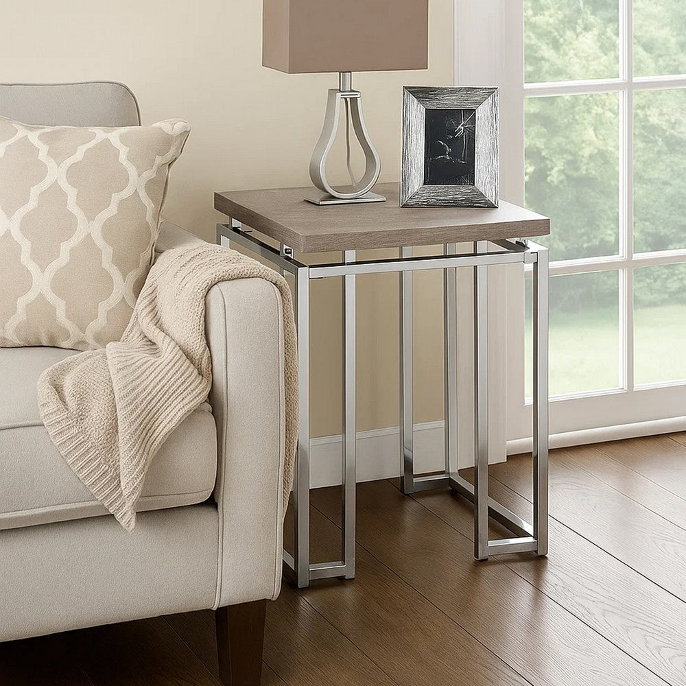 End Table with Rectangular Tabletop and Metal Legs, Silver and Brown - BM209596