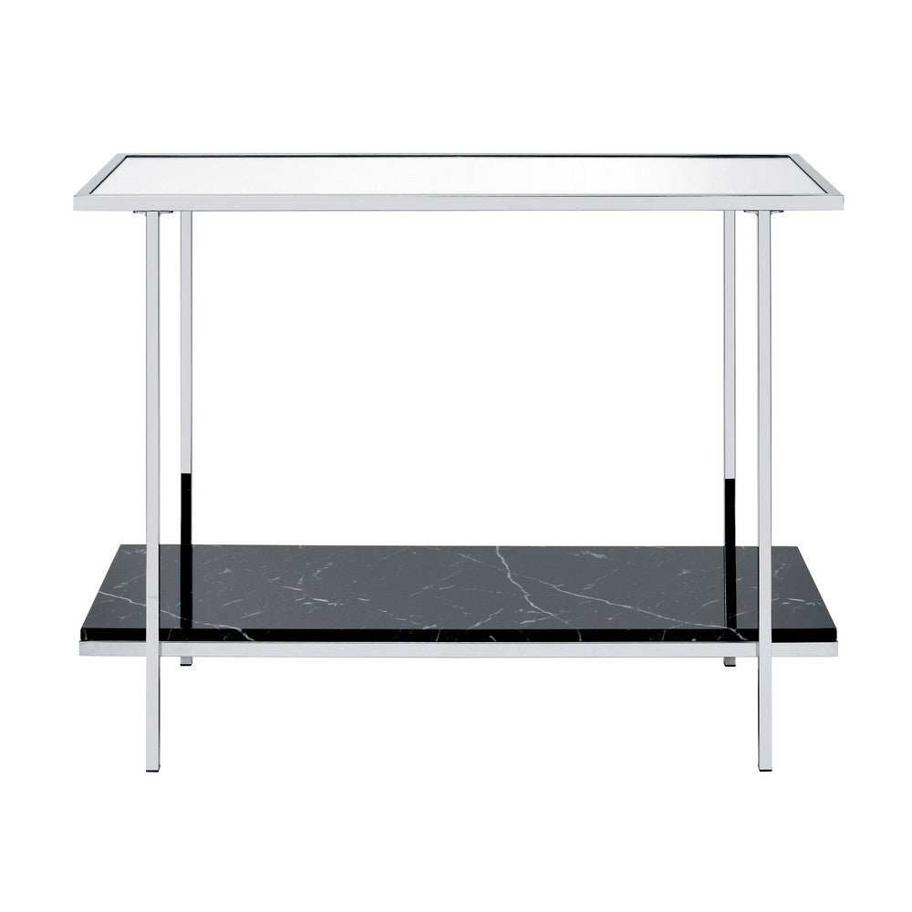 Console Table with Mirror Top and Faux Marble Open Bottom Shelf, Silver - BM209601