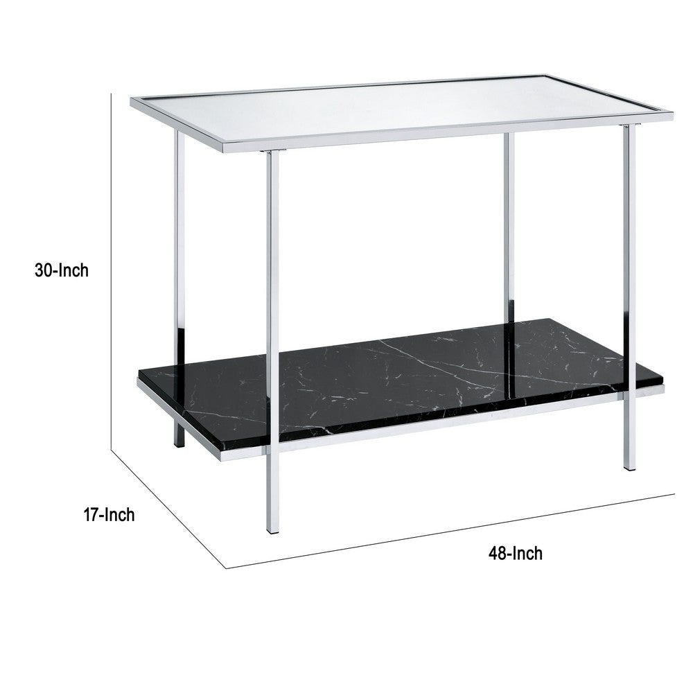 Console Table with Mirror Top and Faux Marble Open Bottom Shelf, Silver - BM209601