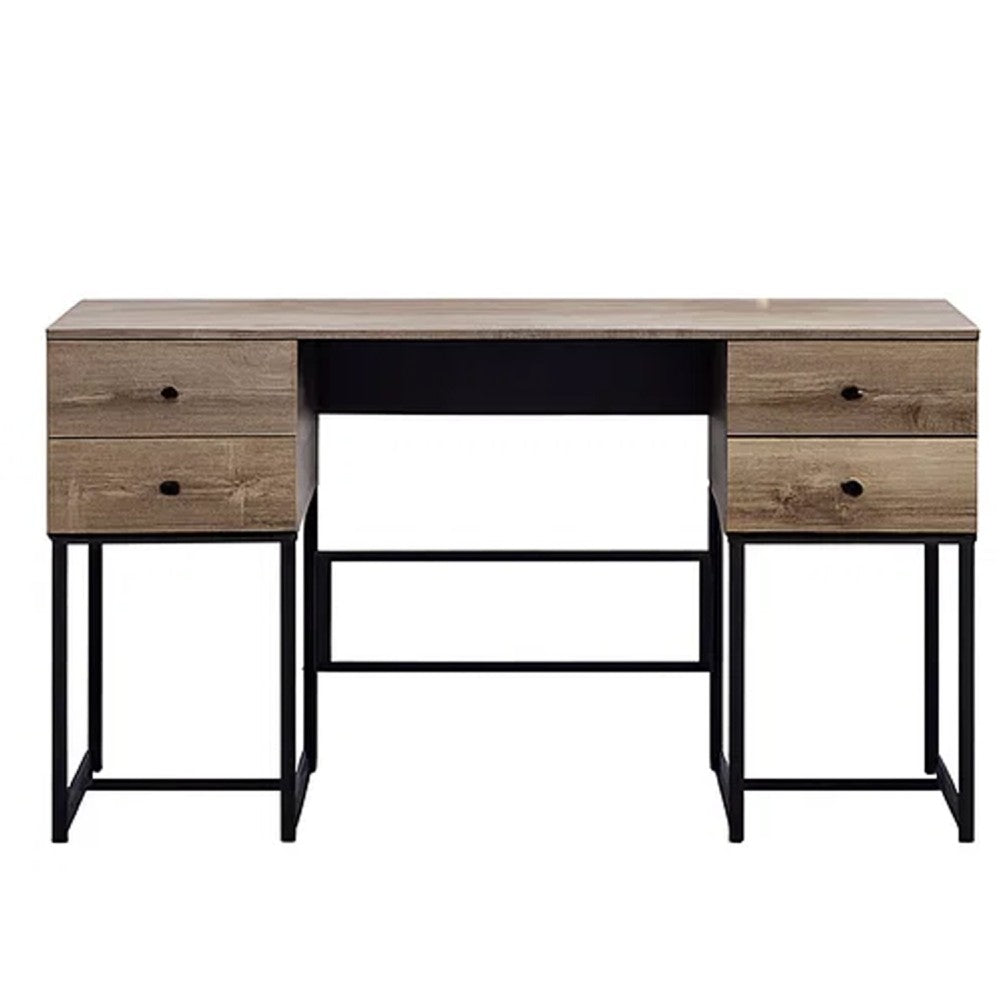 Wooden Desk with 4 Drawers and Tubular Metal Support, Brown and Black - BM209603