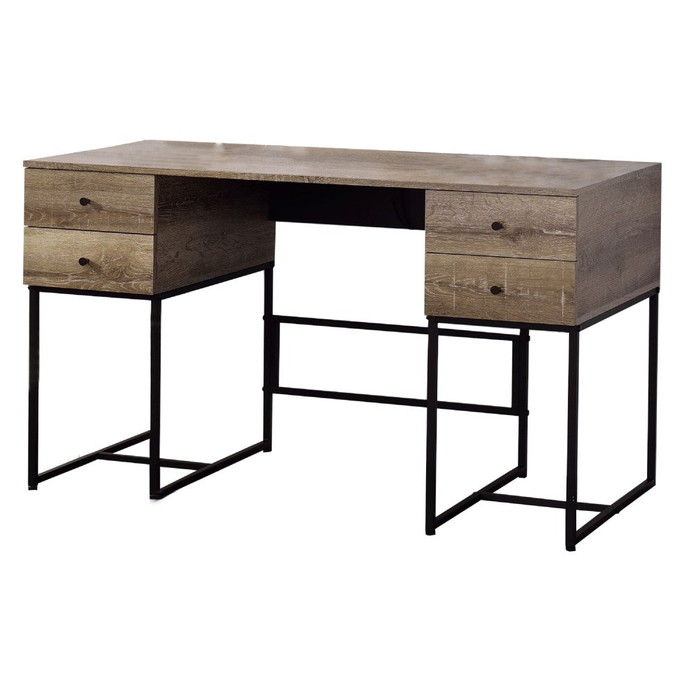 Wooden Desk with 4 Drawers and Tubular Metal Support, Brown and Black - BM209603