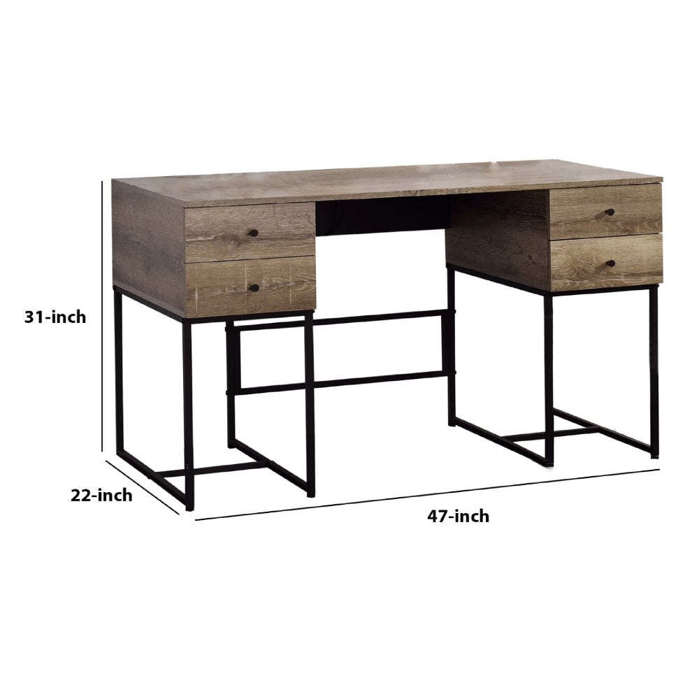 Wooden Desk with 4 Drawers and Tubular Metal Support, Brown and Black - BM209603