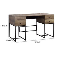 Wooden Desk with 4 Drawers and Tubular Metal Support, Brown and Black - BM209603