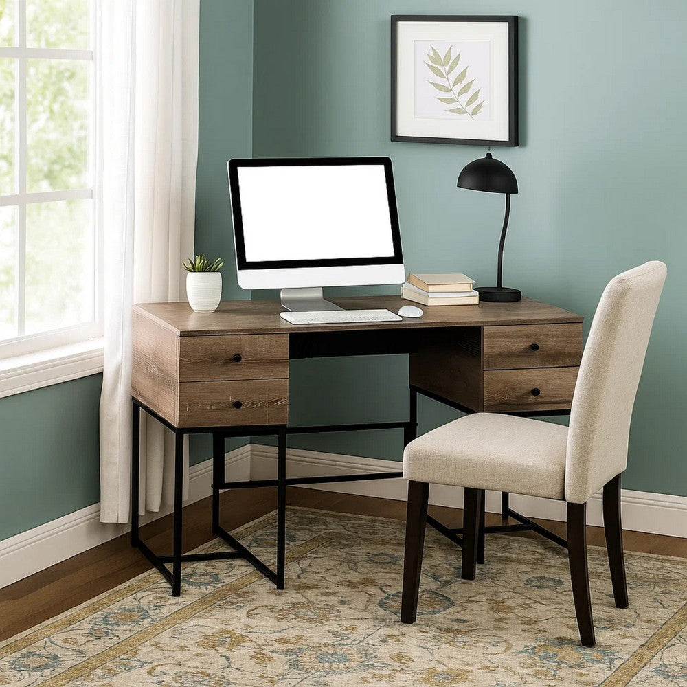 Wooden Desk with 4 Drawers and Tubular Metal Support, Brown and Black - BM209603