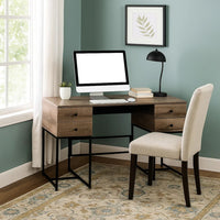 Wooden Desk with 4 Drawers and Tubular Metal Support, Brown and Black - BM209603