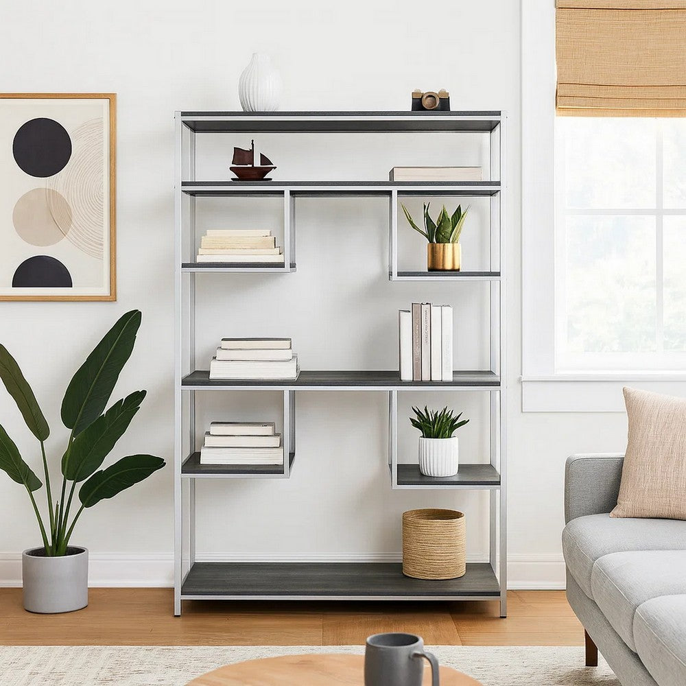 Etagere Bookshelf with 7 Shelves and Geometric Pattern,Silver and Dark Gray - BM209606