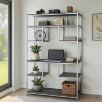 Etagere Bookshelf with 7 Shelves and Geometric Pattern,Silver and Dark Gray - BM209606