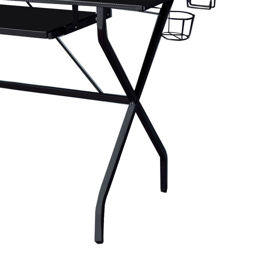 Tubular Metal Frame Computer Desk with 2 Shelves and Cup Holder, Black - BM209609