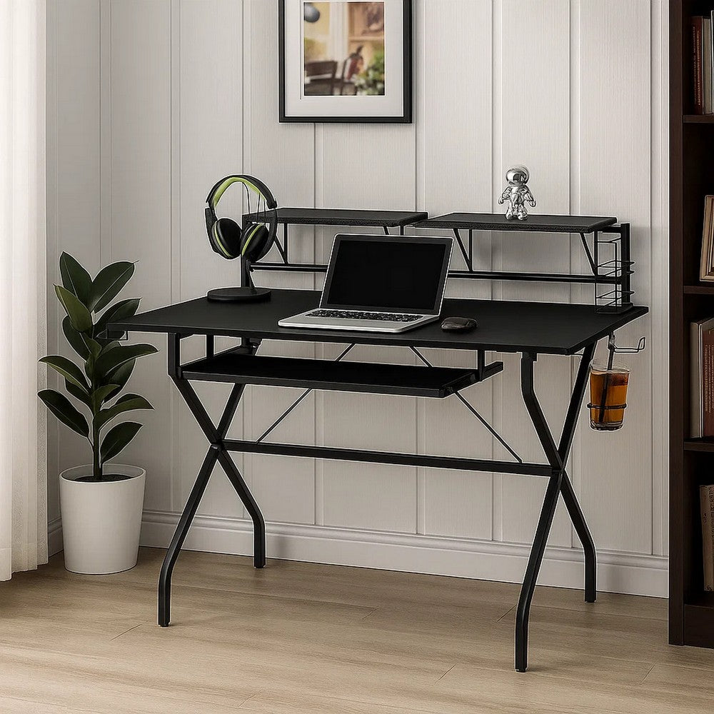 Tubular Metal Frame Computer Desk with 2 Shelves and Cup Holder, Black - BM209609