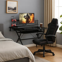 Tubular Metal Frame Computer Desk with 2 Shelves and Cup Holder, Black - BM209609