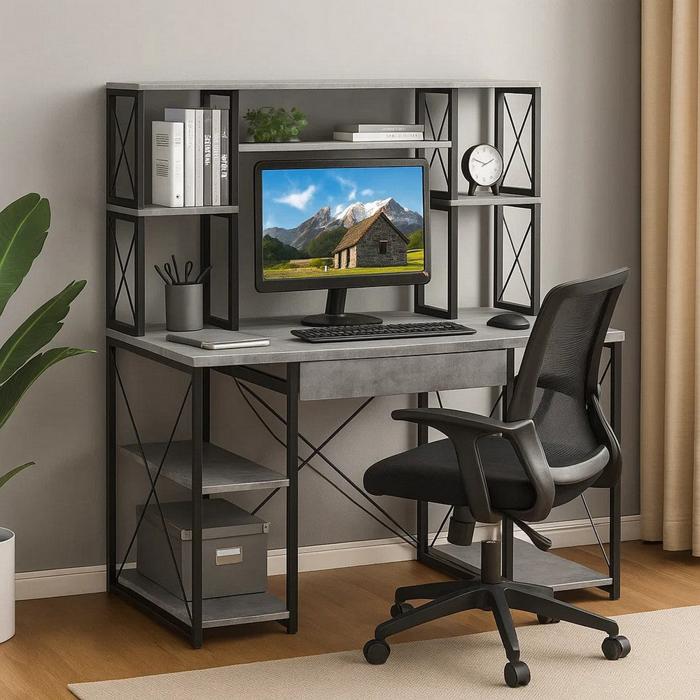 Metal Desk with 4 Open Bottom Shelves and Bookcase Hutch in Gray and Black - BM209610