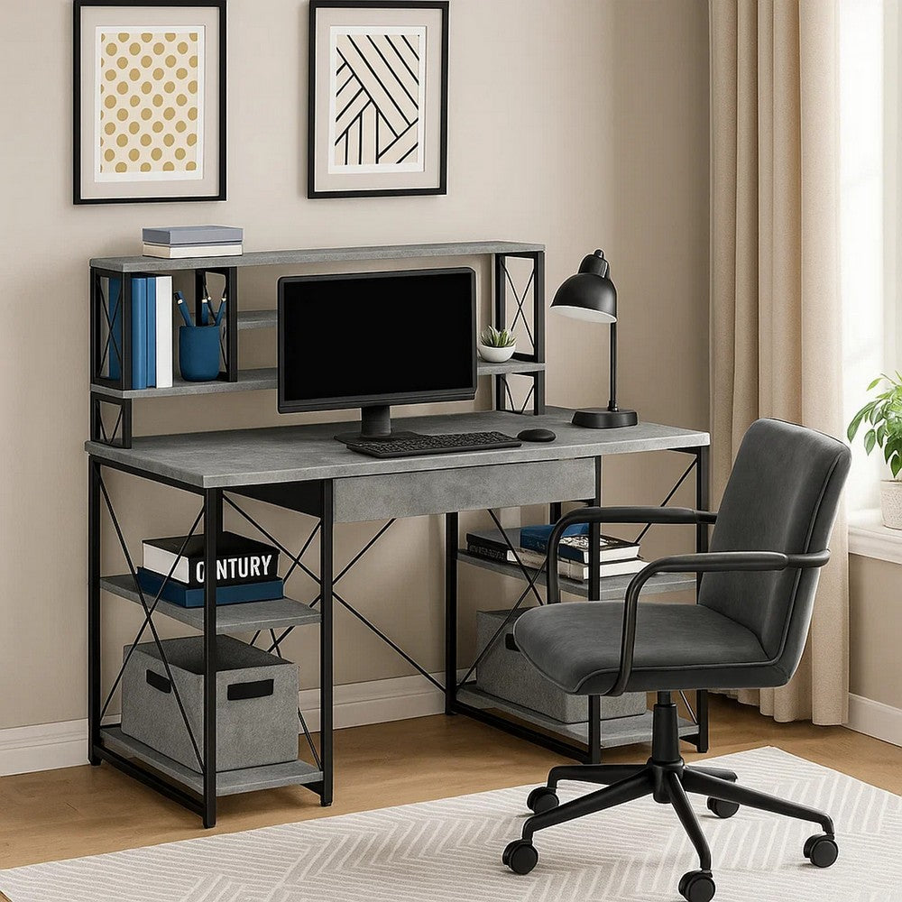 Metal Desk with 4 Open Bottom Shelves and Bookcase Hutch in Gray and Black - BM209610