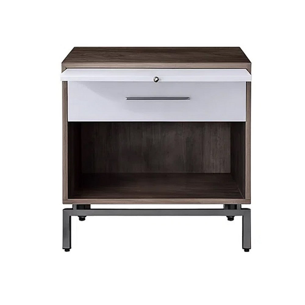Wooden Accent Table with Open Storage and Pull Out Tray, Brown and White - BM209611
