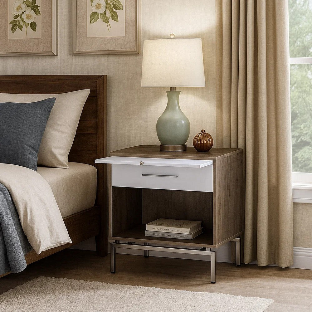 Wooden Accent Table with Open Storage and Pull Out Tray, Brown and White - BM209611