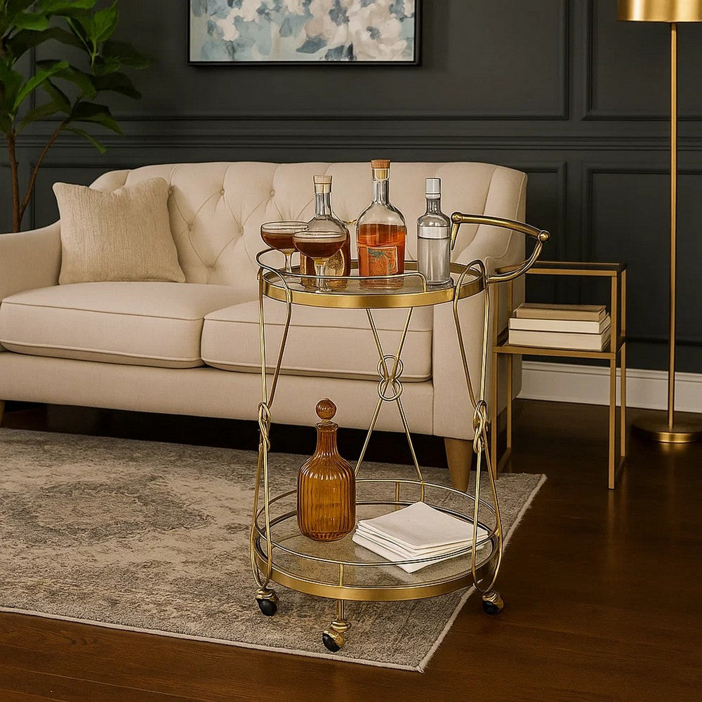 Serving Cart with 2 Glass Shelves and Caster Support, Gold and Clear - BM209612