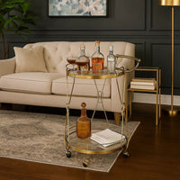 Serving Cart with 2 Glass Shelves and Caster Support, Gold and Clear - BM209612