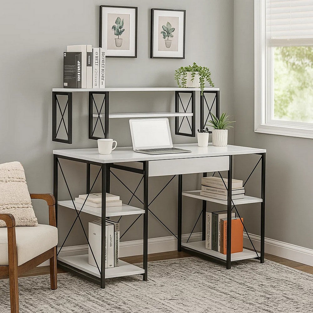 Industrial Style Desk with 4 Open Selves and Bookcase Hutch, White - BM209614