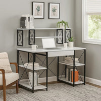 Industrial Style Desk with 4 Open Selves and Bookcase Hutch, White - BM209614