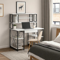 Industrial Style Desk with 4 Open Selves and Bookcase Hutch, White - BM209614