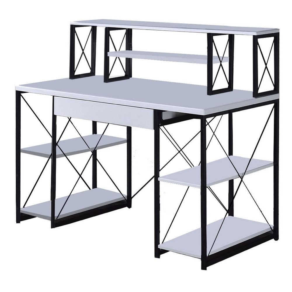 Industrial Style Desk with 4 Open Selves and Bookcase Hutch, White - BM209614