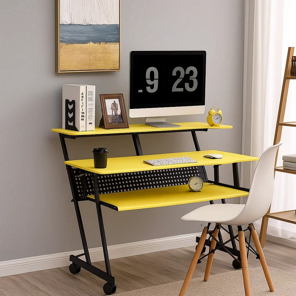 Rectangular Top Computer Desk with 1 Shelf and 1 Cupholder,Black and Yellow - BM209624