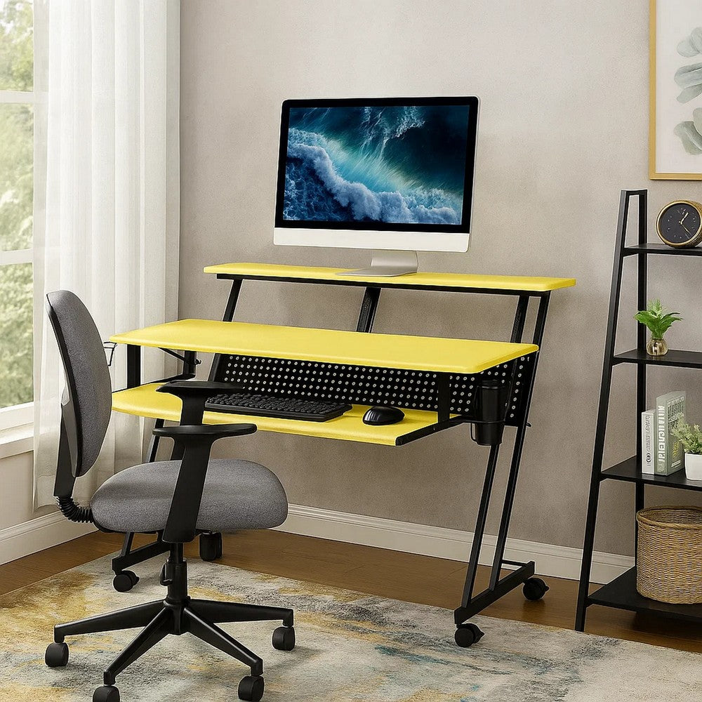 Rectangular Top Computer Desk with 1 Shelf and 1 Cupholder,Black and Yellow - BM209624