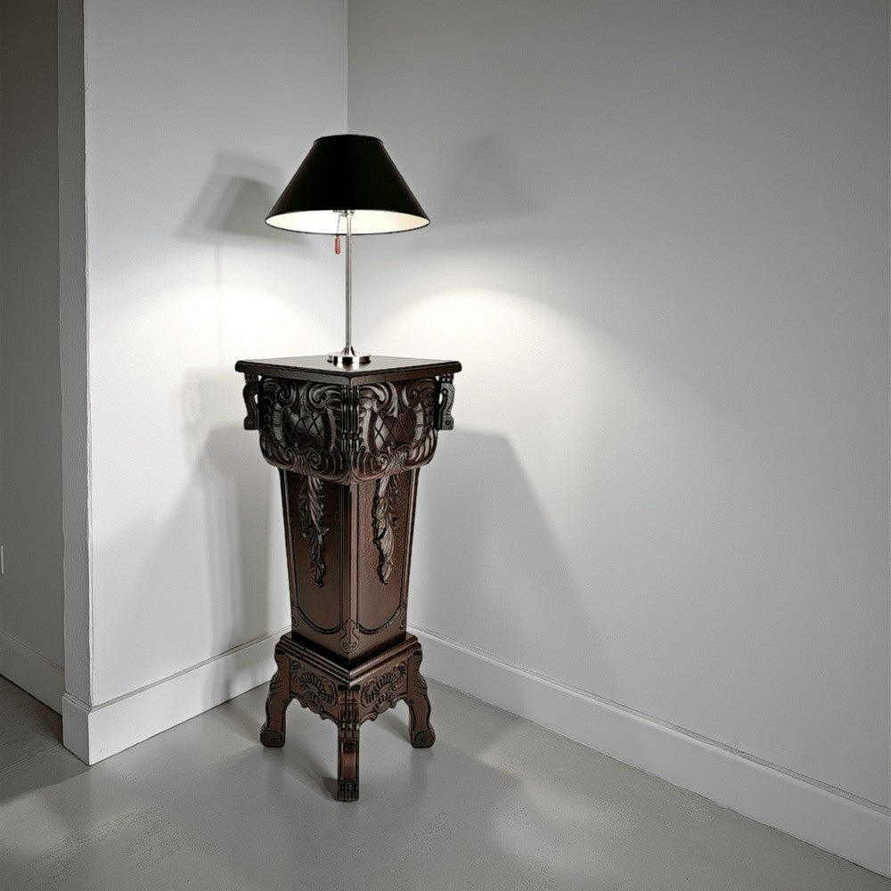 Elegantly Engraved Wooden Frame Pedestal Stand, Dark Brown - BM210128