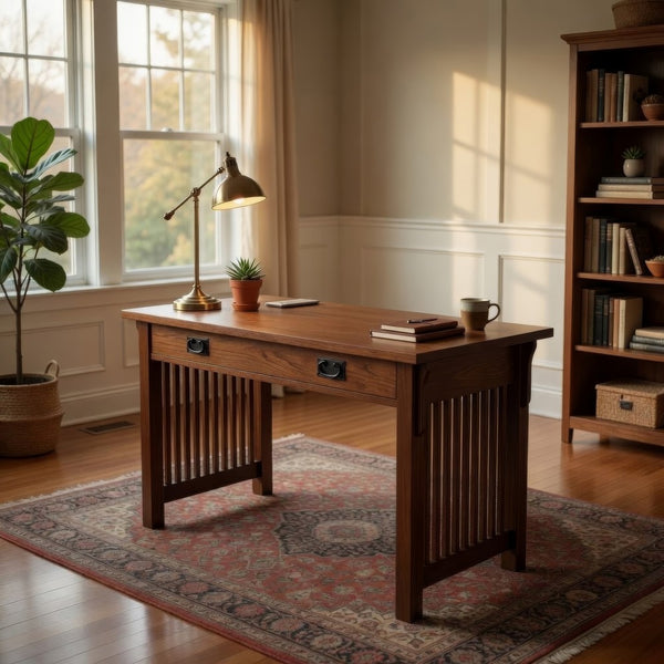 Wooden Frame Writing Desk with 1 Drawer and Slatted Sides, Brown - BM210129