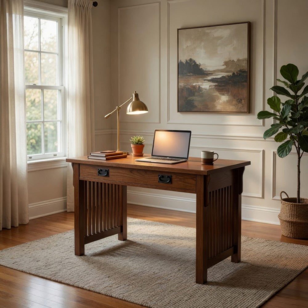 Wooden Frame Writing Desk with 1 Drawer and Slatted Sides, Brown - BM210129