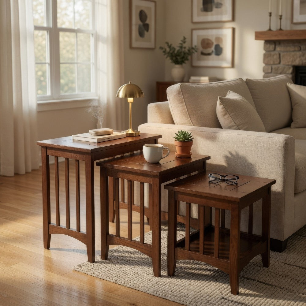 3 Piece Nesting Table with Plank Tabletop and Slatted Sides, Oak Brown - BM210134