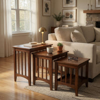 3 Piece Nesting Table with Plank Tabletop and Slatted Sides, Oak Brown - BM210134