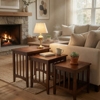 3 Piece Nesting Table with Plank Tabletop and Slatted Sides, Oak Brown - BM210134