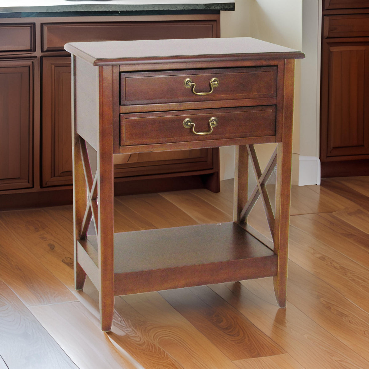 Wooden Nightstand with 2 Drawers and Criss Cross Sides, Brown - BM210138