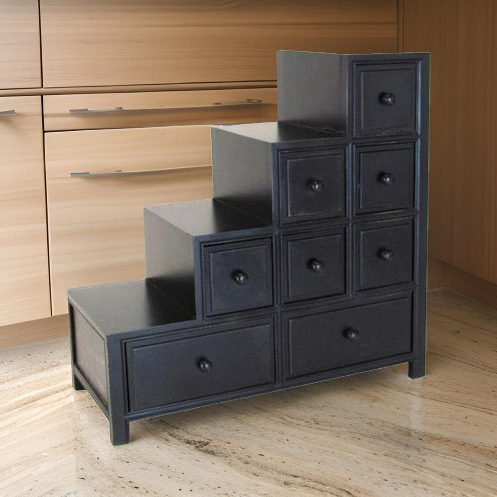 Wooden Frame Reversible Step Chest with 8 Drawers, Antique Black - BM210158