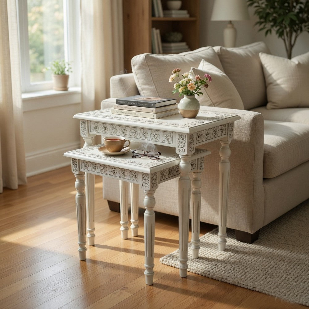 Elegantly Engraved Wooden Frame Nesting Table, Set of 2, Antique White - BM210164