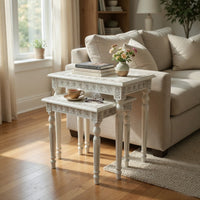 Elegantly Engraved Wooden Frame Nesting Table, Set of 2, Antique White - BM210164