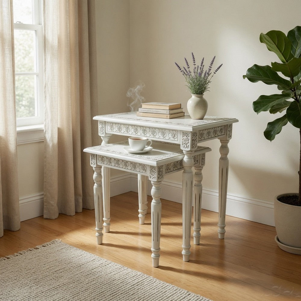 Elegantly Engraved Wooden Frame Nesting Table, Set of 2, Antique White - BM210164