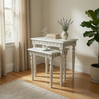 Elegantly Engraved Wooden Frame Nesting Table, Set of 2, Antique White - BM210164