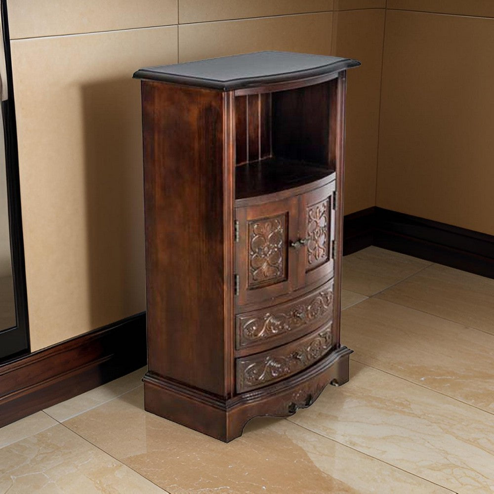 Engraved Wooden Frame Storage Cabinet with 2 Drawers and 2 Doors, Brown - BM210166
