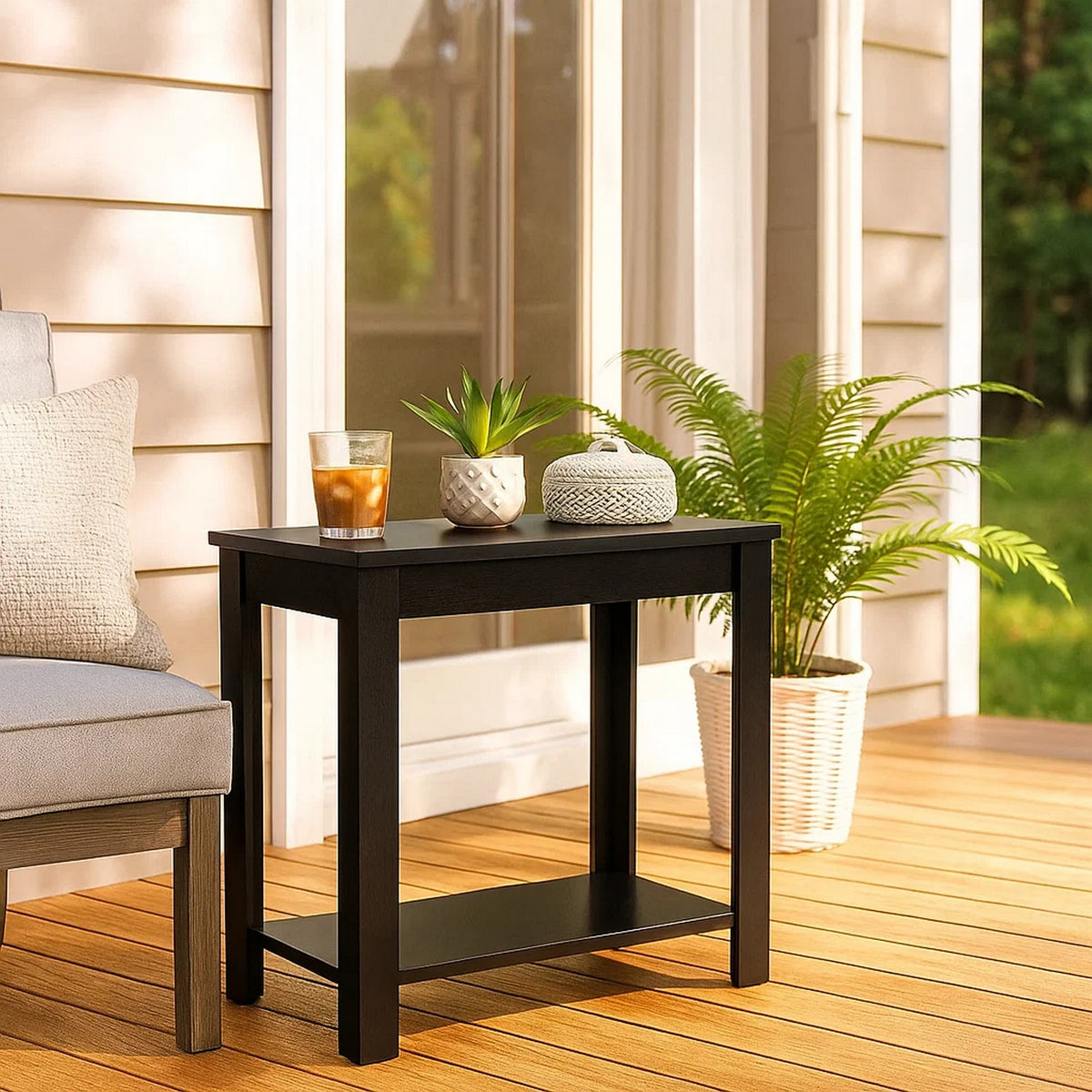 Wooden Chairside Table with Bottom Shelf and Block Legs, Black - BM210203