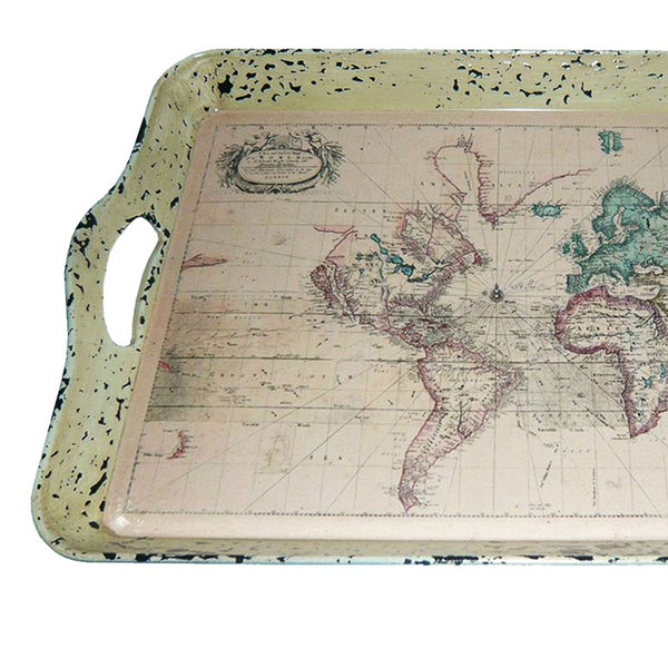 Traditional Rugged Designed Tray with World Map Printed, Multicolor - BM210375