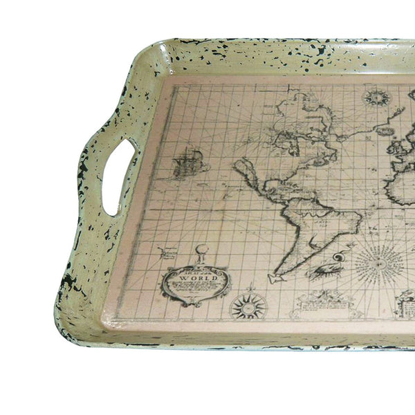 Traditional Rugged Designed Tray with World Map Printed, Black and White - BM210376