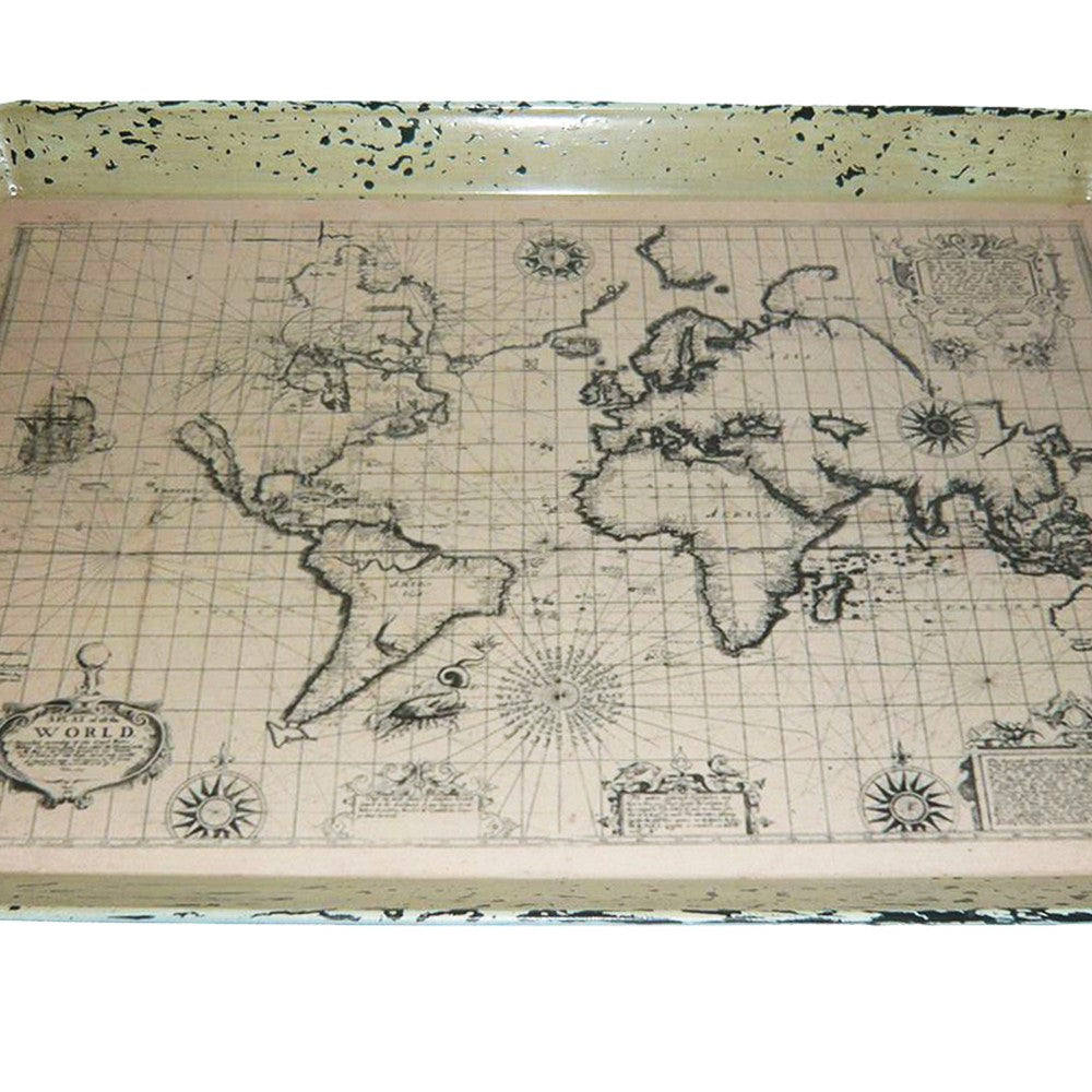 Traditional Rugged Designed Tray with World Map Printed, Black and White - BM210376
