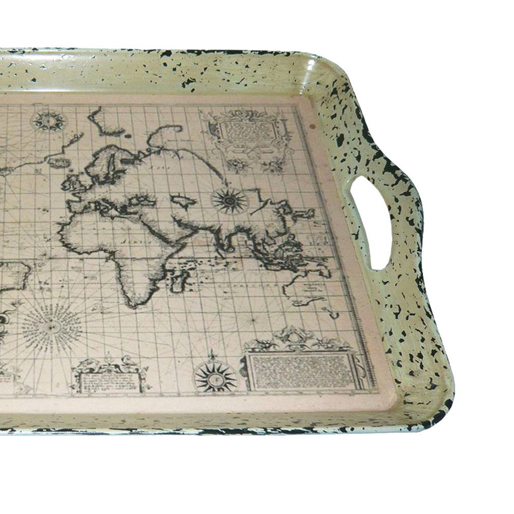 Traditional Rugged Designed Tray with World Map Printed, Black and White - BM210376