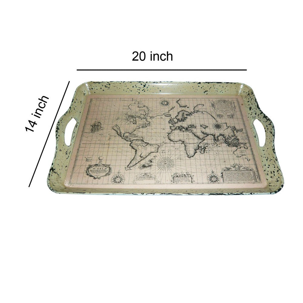 Traditional Rugged Designed Tray with World Map Printed, Black and White - BM210376